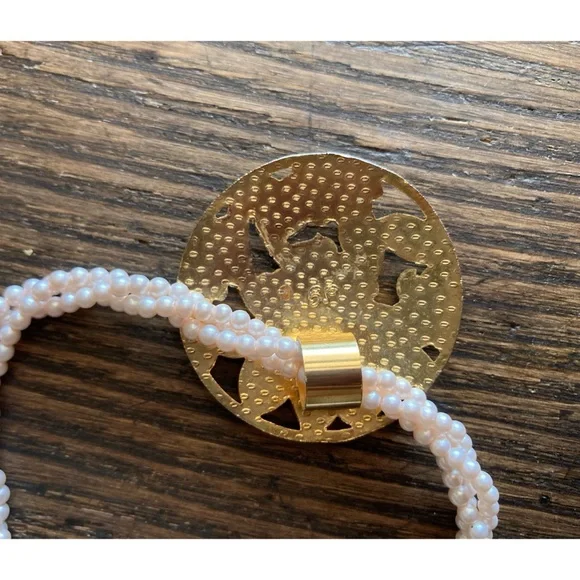 Vintage Cloisonné Pendant on Twisted Faux Pearl Necklace Pale Pink Floral - Picture 6 of 14